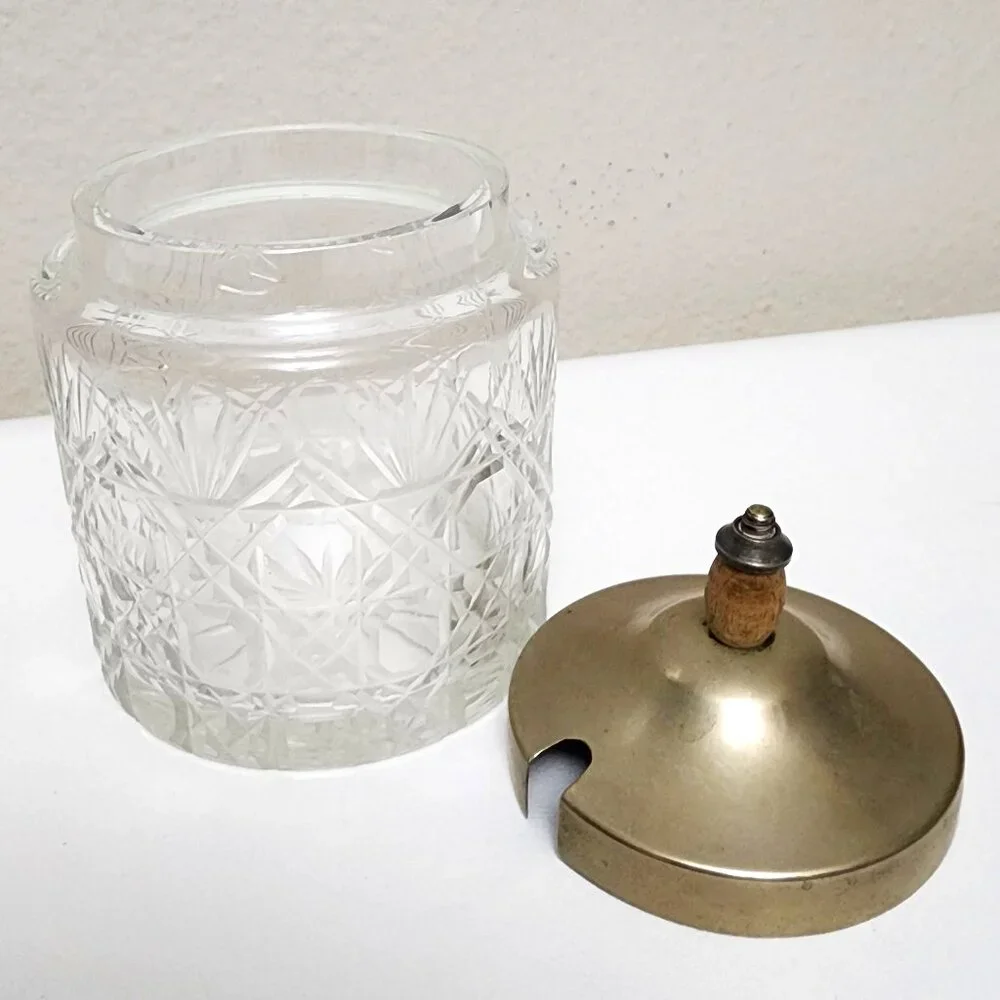 Sugar Cube Crystal Cut Glass Jar EPNS w/Metal & Wood Pull Lid RARE Antique